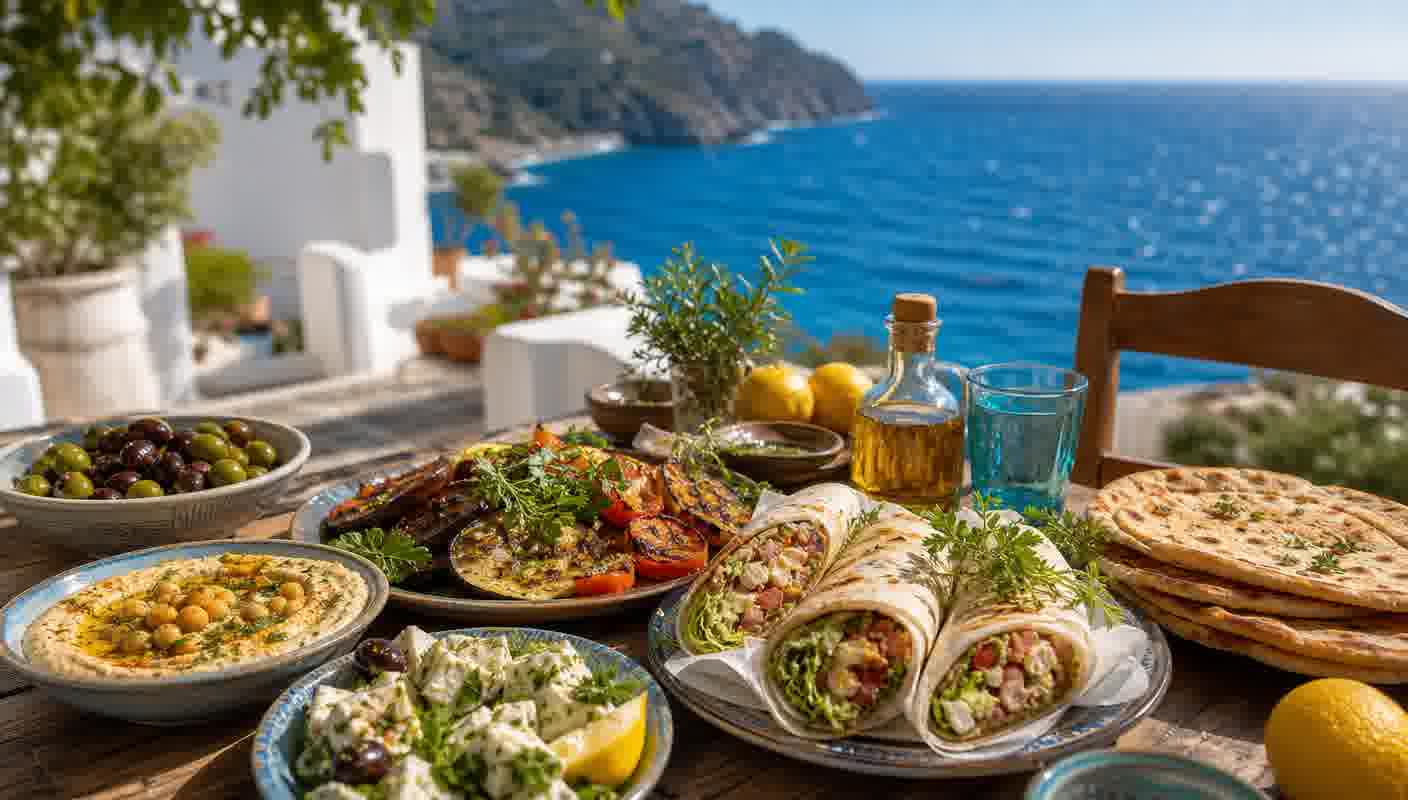 A sunlit Mediterranean table of fresh wraps, hummus, olives and flatbreads overlooking the blue sea