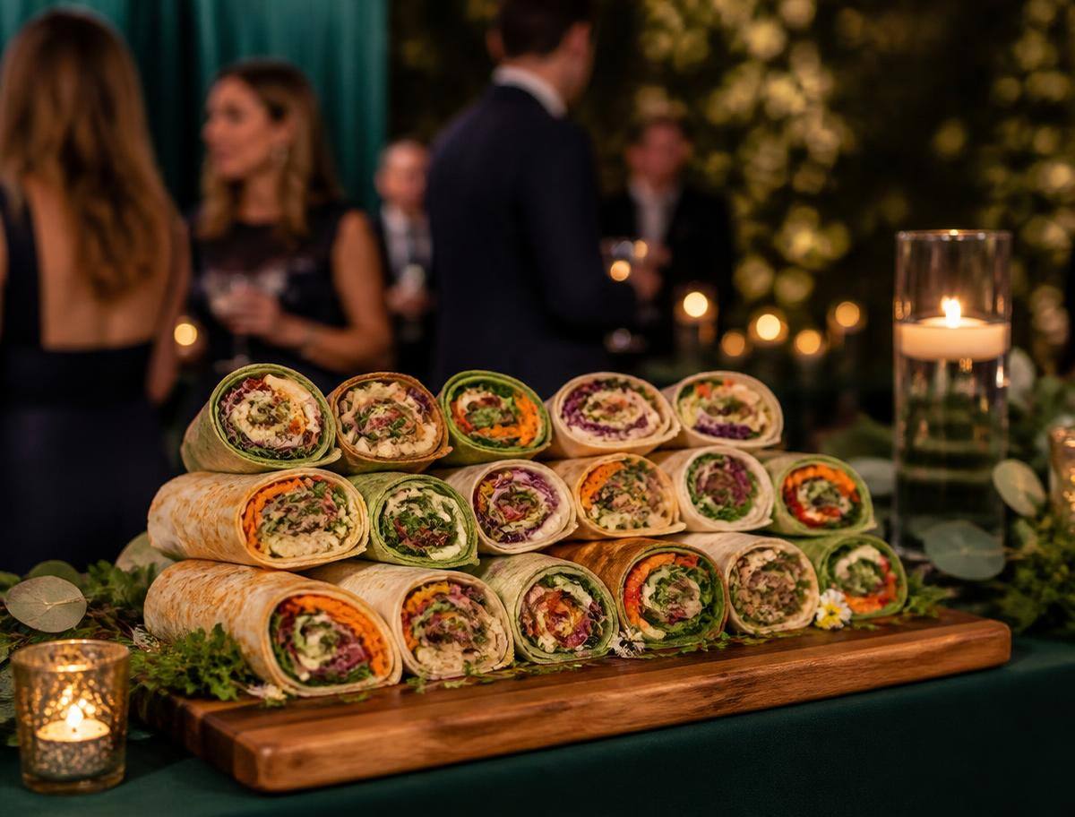 A wooden board stacked with fresh wraps at a private event