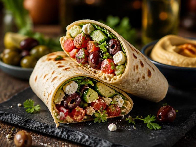 The Greek wrap with tomato, cucumber, olives, hummus and crumbled Feta