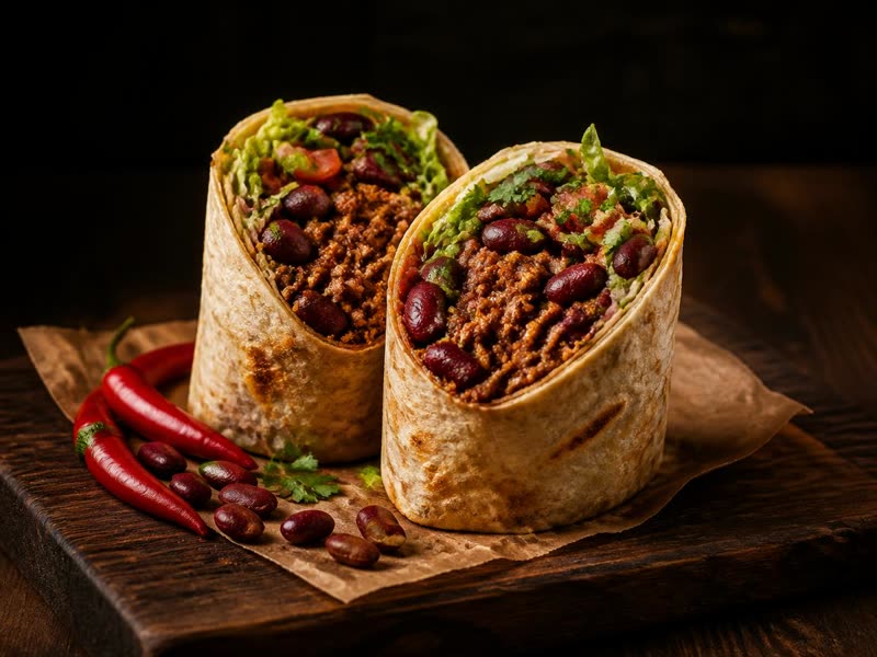 The Mexican wrap with beef chilli and kidney beans