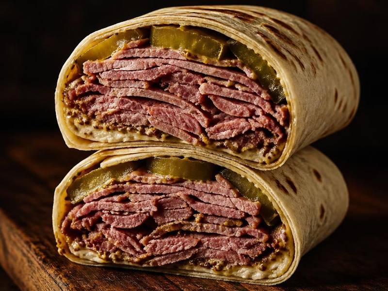 The New Yorker wrap with salt beef and mustard mayo