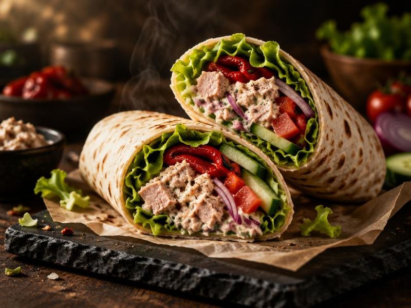 The Ocean tuna mayo wrap with tuna, roasted red pepper and lettuce