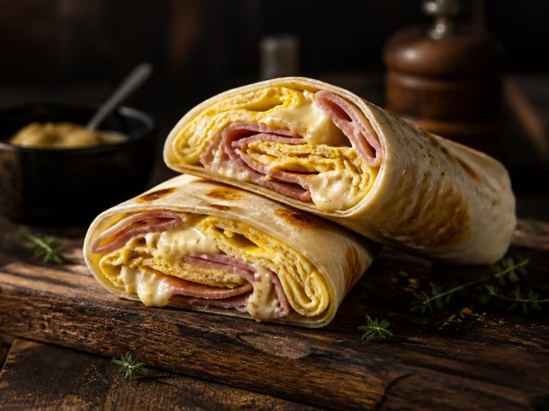 La Parisienne wrap with omelette, smoked ham and melted Emmental cheese