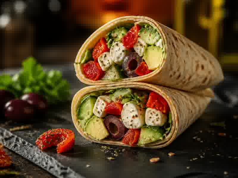The Vegetarian wrap with mozzarella, avocado, roasted peppers and olives